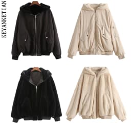 KEYANKETIAN Ladies Reversible Bomber Jacket Female Winter Faux Fur Panel Loose Hooded Zip Jacket Solid Mid Length Casual Top