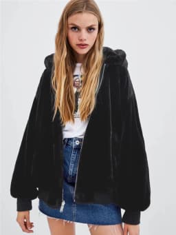 KEYANKETIAN Ladies Reversible Bomber Jacket Female Winter Faux Fur Panel Loose Hooded Zip Jacket Solid Mid Length Casual Top
