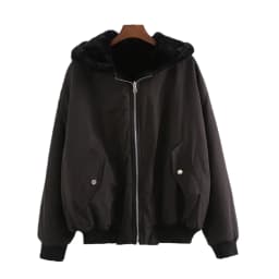 KEYANKETIAN Ladies Reversible Bomber Jacket Female Winter Faux Fur Panel Loose Hooded Zip Jacket Solid Mid Length Casual Top