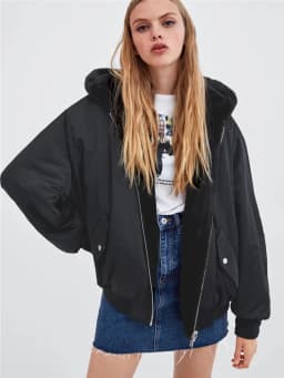 KEYANKETIAN Ladies Reversible Bomber Jacket Female Winter Faux Fur Panel Loose Hooded Zip Jacket Solid Mid Length Casual Top