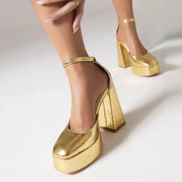 Shiny Material Gold Gingham Super High Thick Heels Sexy Women's Sandals Square Toe Waterproof Platform Silver High Heels