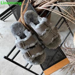 Furry Flat With Winter Slippers For Female Women 2024 New Round Toe Buckle Design Outside Casual Thick Sole Fashion Warm Shoes