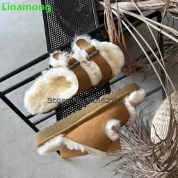 Furry Flat With Winter Slippers For Female Women 2024 New Round Toe Buckle Design Outside Casual Thick Sole Fashion Warm Shoes