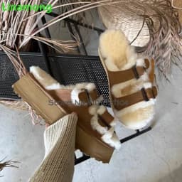 Furry Flat With Winter Slippers For Female Women 2024 New Round Toe Buckle Design Outside Casual Thick Sole Fashion Warm Shoes