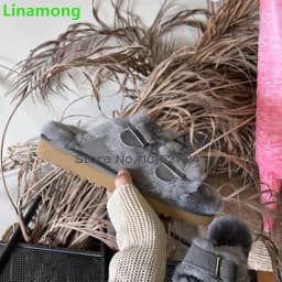 Furry Flat With Winter Slippers For Female Women 2024 New Round Toe Buckle Design Outside Casual Thick Sole Fashion Warm Shoes
