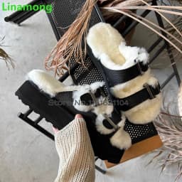 Furry Flat With Winter Slippers For Female Women 2024 New Round Toe Buckle Design Outside Casual Thick Sole Fashion Warm Shoes