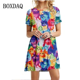 Cute Fashion Cartoon Cats Dresses For Women 2022 Short Sleeve Summer Loose Clothing Oversized Street Casual Pattern Print Dress