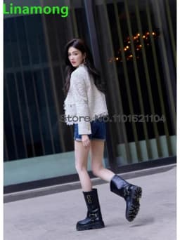 Black Metal Buckle Thick Sole Boots For Female Women 2024 Newest Round Toe Slip-on Solid Luxury Elegant Leather Fabric Shoes