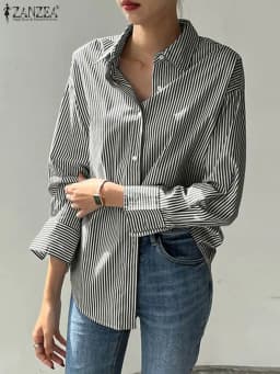 ZANZEA Office Striped Loose Blouse 2023 Turn-down Collar Top Oversized Women Long Sleeve Shirt Vintage Button-up Blusa Femininas