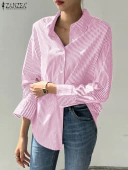 ZANZEA Office Striped Loose Blouse 2023 Turn-down Collar Top Oversized Women Long Sleeve Shirt Vintage Button-up Blusa Femininas