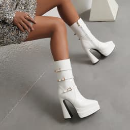 Three-Row Metal Belt Buckle Ultra-High Profiled Hollow Heel Catwalk Women's Boots Pointed Toe Three-Layer Platform Mid-Boots
