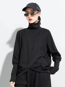 Amaxl UluE European Fashion 2024 Autumn Womens Black Turtleneck Design Tops Ladies Punk Casual Tee Shirts Loose Cotton Clothes