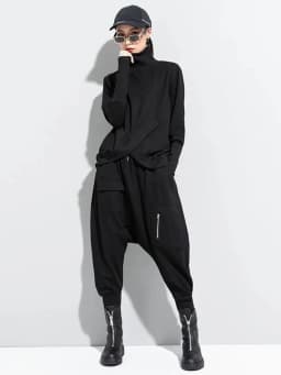 Amaxl UluE European Fashion 2024 Autumn Womens Black Turtleneck Design Tops Ladies Punk Casual Tee Shirts Loose Cotton Clothes