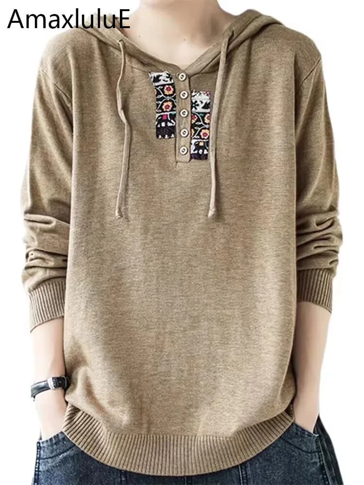 Amax luluE 2025 Hooded Pullovers Women Loose Japan Style Buttons Knitted Sweater Vintage Female New Autumn Fashion Retro Jumpers