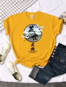 Crane Japanese Style Women T Shirt Summer Fashion Tops Chinese Letters Tee Shirts Anime Slim Top Classic Loose Female T Shirts