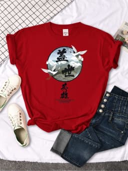 Crane Japanese Style Women T Shirt Summer Fashion Tops Chinese Letters Tee Shirts Anime Slim Top Classic Loose Female T Shirts