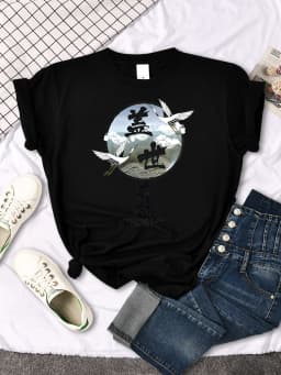 Crane Japanese Style Women T Shirt Summer Fashion Tops Chinese Letters Tee Shirts Anime Slim Top Classic Loose Female T Shirts