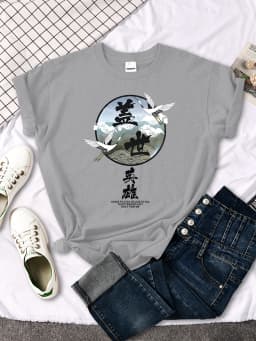 Crane Japanese Style Women T Shirt Summer Fashion Tops Chinese Letters Tee Shirts Anime Slim Top Classic Loose Female T Shirts