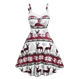 Women's Dress Christmas Floral Print Cold Shoulder Flounce Trim Elegant Dresses For New Year Sexy Plus Size s-3xl Elk Deer