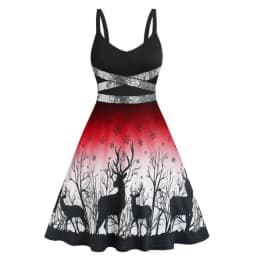 Women's Dress Christmas Floral Print Cold Shoulder Flounce Trim Elegant Dresses For New Year Sexy Plus Size s-3xl Elk Deer