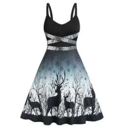 Women's Dress Christmas Floral Print Cold Shoulder Flounce Trim Elegant Dresses For New Year Sexy Plus Size s-3xl Elk Deer