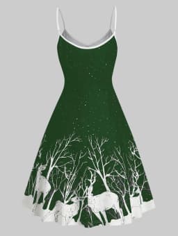 Women's Dress Christmas Floral Print Cold Shoulder Flounce Trim Elegant Dresses For New Year Sexy Plus Size s-3xl Elk Deer