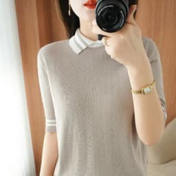 T-shirt women's summer new 100% cotton knitted sweater short-sleeved casual lapel stitching large size women's pullover