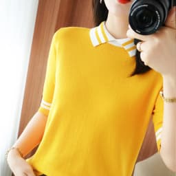 T-shirt women's summer new 100% cotton knitted sweater short-sleeved casual lapel stitching large size women's pullover