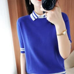 T-shirt women's summer new 100% cotton knitted sweater short-sleeved casual lapel stitching large size women's pullover