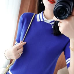 T-shirt women's summer new 100% cotton knitted sweater short-sleeved casual lapel stitching large size women's pullover