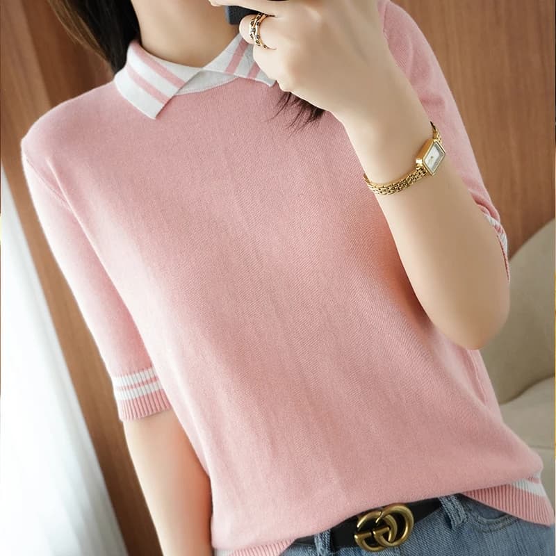 T-shirt women's summer new 100% cotton knitted sweater short-sleeved casual lapel stitching large size women's pullover