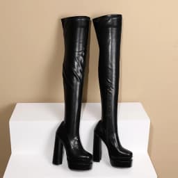 Square Toe Super High Three-Layer Platform Fashion Women's Over The Knee Boots Thick Heel Side Zipper Slip-On Plush Lining Boots