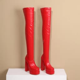 Square Toe Super High Three-Layer Platform Fashion Women's Over The Knee Boots Thick Heel Side Zipper Slip-On Plush Lining Boots