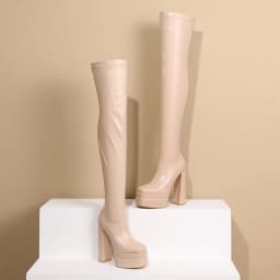 Square Toe Super High Three-Layer Platform Fashion Women's Over The Knee Boots Thick Heel Side Zipper Slip-On Plush Lining Boots