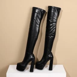 Square Toe Super High Three-Layer Platform Fashion Women's Over The Knee Boots Thick Heel Side Zipper Slip-On Plush Lining Boots