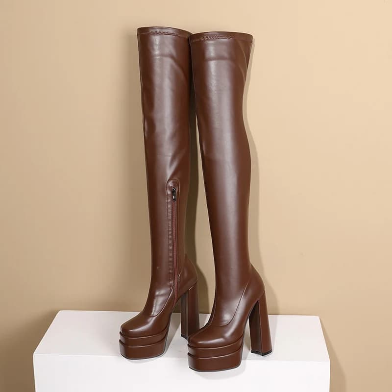 Square Toe Super High Three-Layer Platform Fashion Women's Over The Knee Boots Thick Heel Side Zipper Slip-On Plush Lining Boots