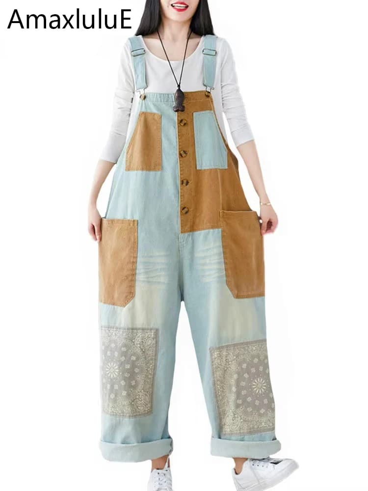 Amax luluE 2024 Japanese Design Ladies Luxury Fashion Denim Overalls Women Loose Vintage Jeans Printed Patchwork Punk Streetwear
