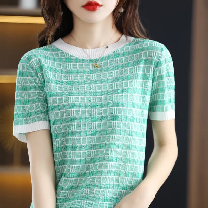 new Ice silk knit short sleeve women's matching color blouse thin cotton thread T shirt summer loose cotton linen half sleeve