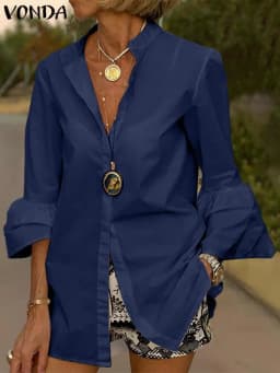 White Shirt Women Solid Color Flare Sleeve Shirts Spring Tops 2025 VONDA Sexy V Neck Button Up Office Shirts Femininas Blusas