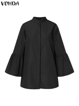 White Shirt Women Solid Color Flare Sleeve Shirts Spring Tops 2025 VONDA Sexy V Neck Button Up Office Shirts Femininas Blusas