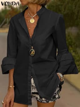 White Shirt Women Solid Color Flare Sleeve Shirts Spring Tops 2025 VONDA Sexy V Neck Button Up Office Shirts Femininas Blusas
