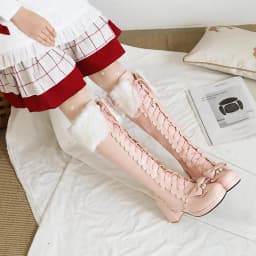 Thick-Heeled Cross-Laced Lolita Style Women's Boots With Artificial Rabbit Fur Trim And Pearl Embellished Wavy Knee-Length Boots