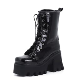 2021 New Bright Patent Leather Street Fashion Style Boots With Cross Straps Super Thick And High Rose Red Mid-Calf Boots