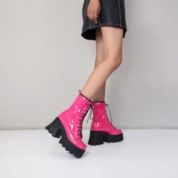 2021 New Bright Patent Leather Street Fashion Style Boots With Cross Straps Super Thick And High Rose Red Mid-Calf Boots
