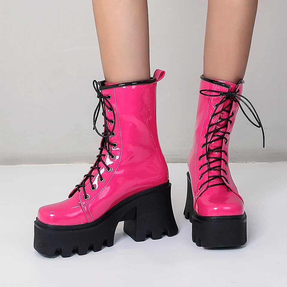 2021 New Bright Patent Leather Street Fashion Style Boots With Cross Straps Super Thick And High Rose Red Mid-Calf Boots