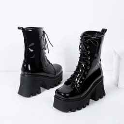 2021 New Bright Patent Leather Street Fashion Style Boots With Cross Straps Super Thick And High Rose Red Mid-Calf Boots