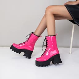2021 New Bright Patent Leather Street Fashion Style Boots With Cross Straps Super Thick And High Rose Red Mid-Calf Boots