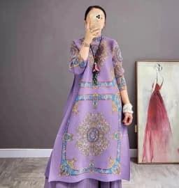 Women's High Neck Pleated Dress, Loose Printing Dress, 2 Piece Sets, Vintage Aesthetic, Lndie Cloth Stock, Autumn, Winter, New,