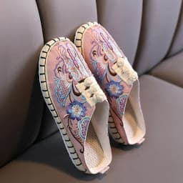 Flat Heeled Embroidered Casual Slippers for Women Cotton Fabric Ethnic Slides Ladies Closed Toe Retro Mules Outdoor Summer Shoes