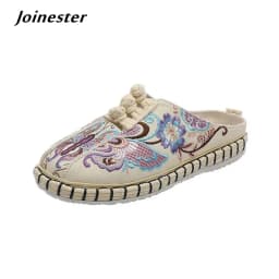 Flat Heeled Embroidered Casual Slippers for Women Cotton Fabric Ethnic Slides Ladies Closed Toe Retro Mules Outdoor Summer Shoes
